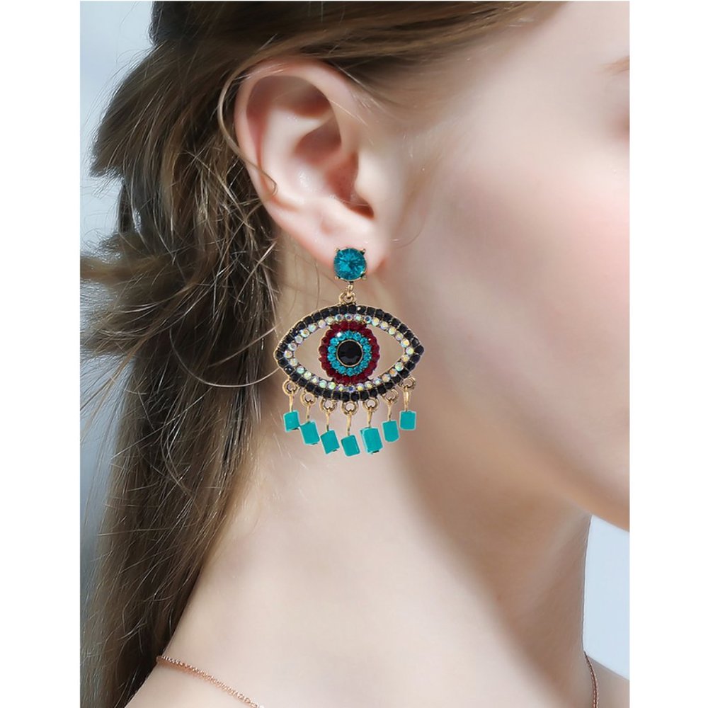 Turquoise Beaded Eye Earrings DANGLE BOHO RHINESTONE‎ PRETTY PARTY FANCY